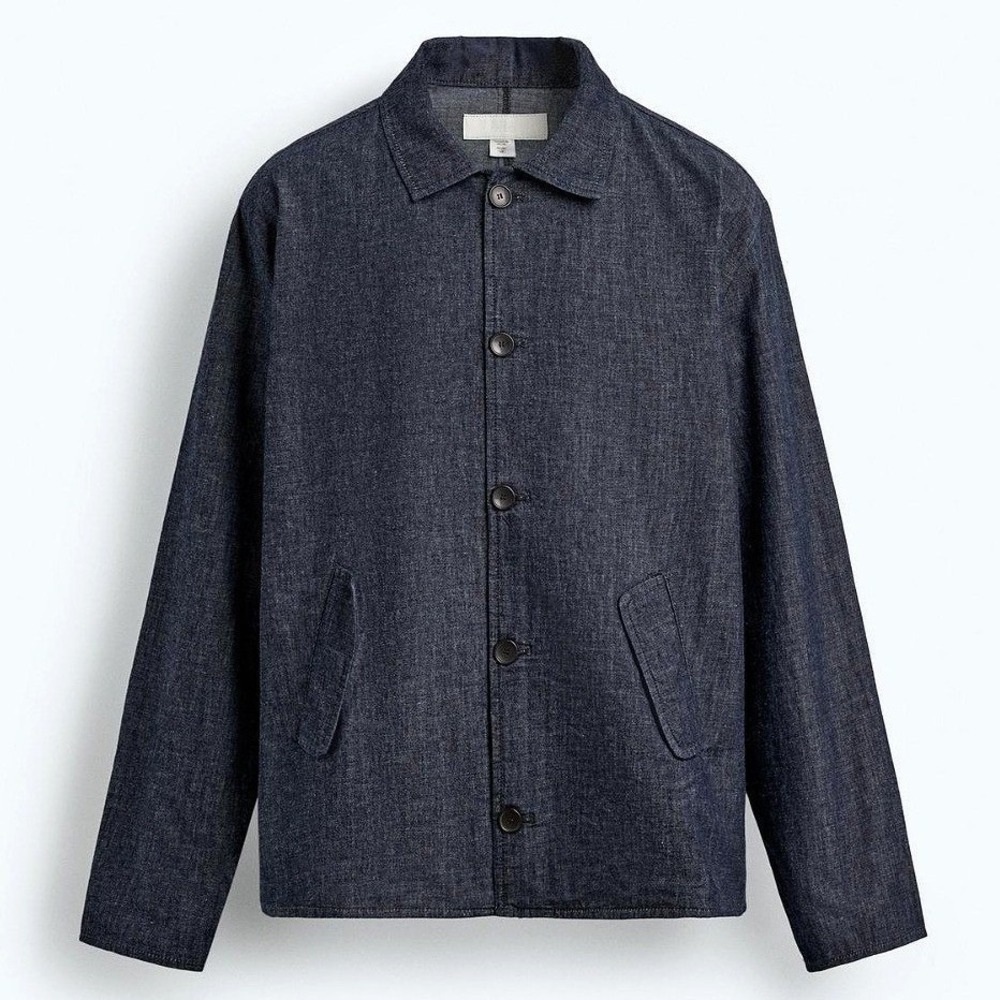 Zara Relaxed Fit Linen Denim Overshirt Chorecoat Men Medium Indigo Blue Chambray
